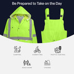 GGS Three-Piece Rain Suit - High Visibility, Waterproof Bibs and Jacket with Detachable Hood, Lightweight Rainwear for Construction, Camping, Hiking, Fishing Gear