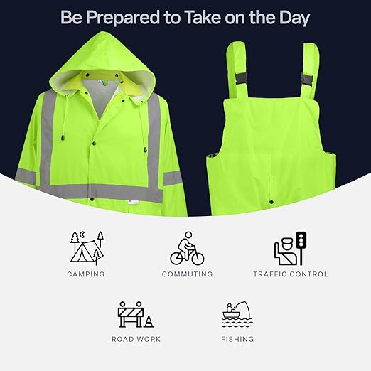 GGS Three-Piece Rain Suit - High Visibility, Waterproof Bibs and Jacket with Detachable Hood, Lightweight Rainwear for Construction, Camping, Hiking, Fishing Gear