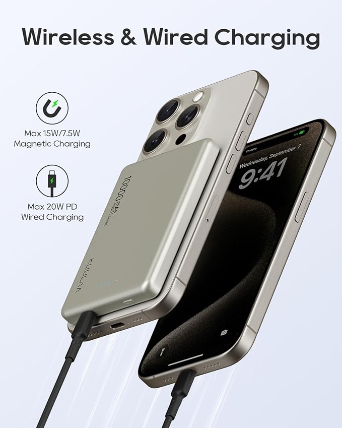 Kuulaa 10000mAh Magsafe Battery Pack 0.47IN Ultra Slim Magnetic Portable Charger Wireless Magsafe Power Bank Compatible with iPhone 16/15/14/13/12 Series