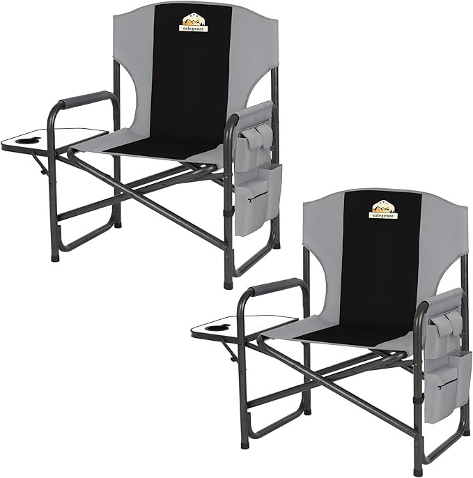 Colegence Oversized Directors Camping Chair Set of 2 Support 600 LBS, Heavy Duty Folding Outdoor Chairs with Detachable Side Pocket and Adjustable Side Table for Outside Beach,Lawn,Fishing (Black)
