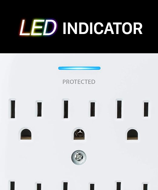 Fosmon 6 Outlet Wall Mount Surge Protector, 3-Prong Surge Suppression 1200 Joules, 15A 125VAC 60Hz 1875Watts Wall Outlet Adapter, Grounded LED, ETL Listed - White