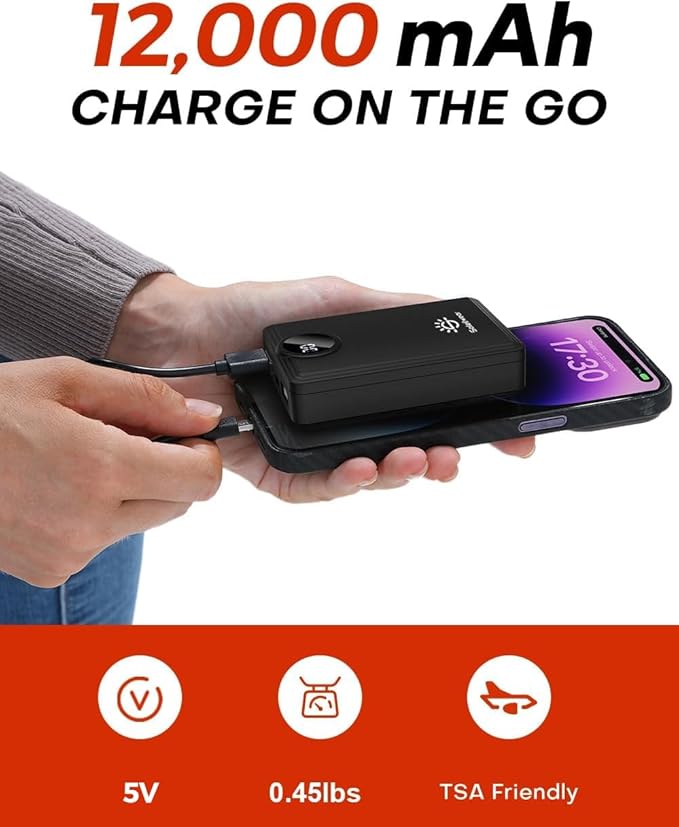 Soleilwear Power Bank for Heated Vest 12000mAh/5V, Portable Charger Battery Pack, Compatible Heated Vest, Heated Clothes and Electronic Devices, TSA Friendly
