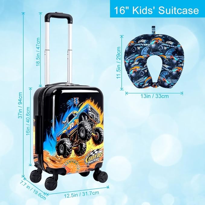 Kids Luggage Set for Boys, HardsideBoys 2Pcs Boys Travel Suitcases with Wheels, 16.5 Inch Truck Carry on Rolling Luggage Airline Approved (Black)