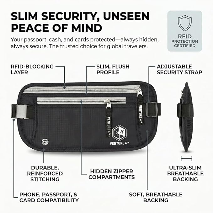 VENTURE 4TH RFID Money Belt for Travel with RFID Blocking Sleeves – Slim Hidden Travel Wallet & Passport Holder for Men & Women, Lightweight Anti-Theft Pouch to Protect Cash, Cards & Documents - Black