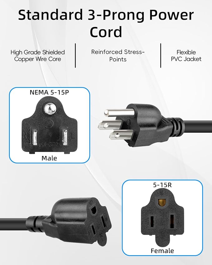 18AWG 3 Prong Extension Cord Splitter, NEMA 5-15P to 5-15R 3 Way Extension Power Outlet Splitter Cable for Home,Room,Office(1M/3.2FT)