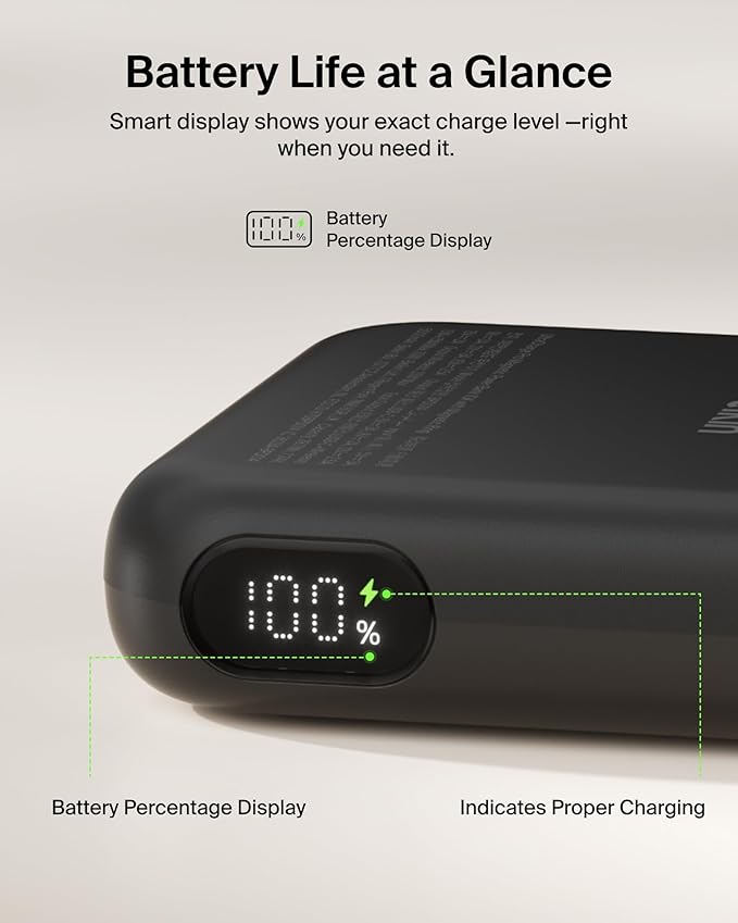 Belkin MagSafe Power Bank 10,000mAh, Qi2.2 25W Portable Charger w/Kickstand, Magnetic Back Supports MagSafe Accessories, Digital Display, Wireless Charging Battery Pack for iPhone 17, Pixel - Black