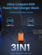 2Pack 65W USB C Charger Block, 3Port Fast Charging Adapter,Type C Fast Charging Blocks Cube PD USBC Wall Plug+QC3.0 USB A Charger Brick for MacBook Pro/Air,iPad,iPhone17/16,Samsung S26/S25&More-Orange