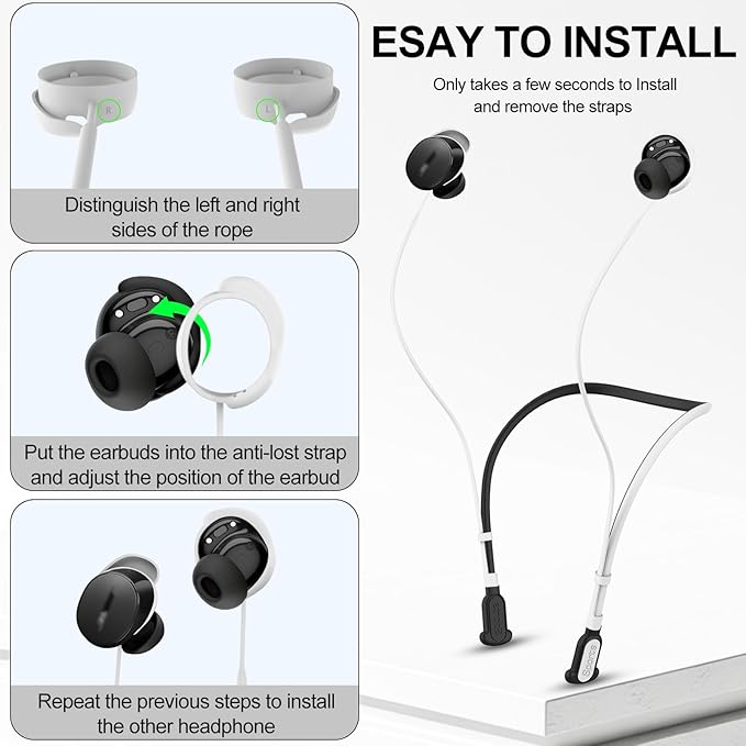 Compatible for Bose QuietComfort Earbuds (2024) Strap, Skin-Friendly Silicone Sports Neckband Wire Cord, Wireless Headphone Anti-Lost Strap, Black with White