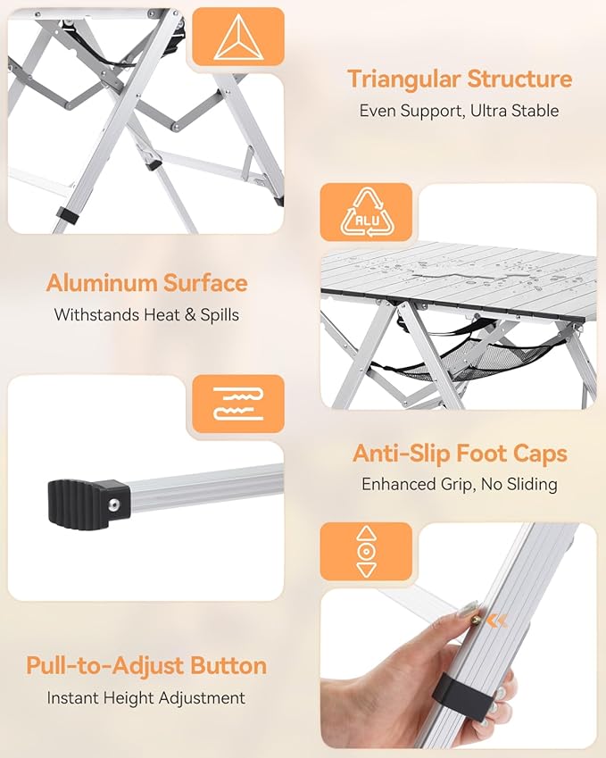 Sportneer Camping Table Folding Table, Bi-Fold Portable with Fast Open Design, Adjustable Height 16.5-27.6", 35.4"x23.6" Lightweight Aluminum Tabletop, Handle & Shoulder Strap for Outdoor Picnic