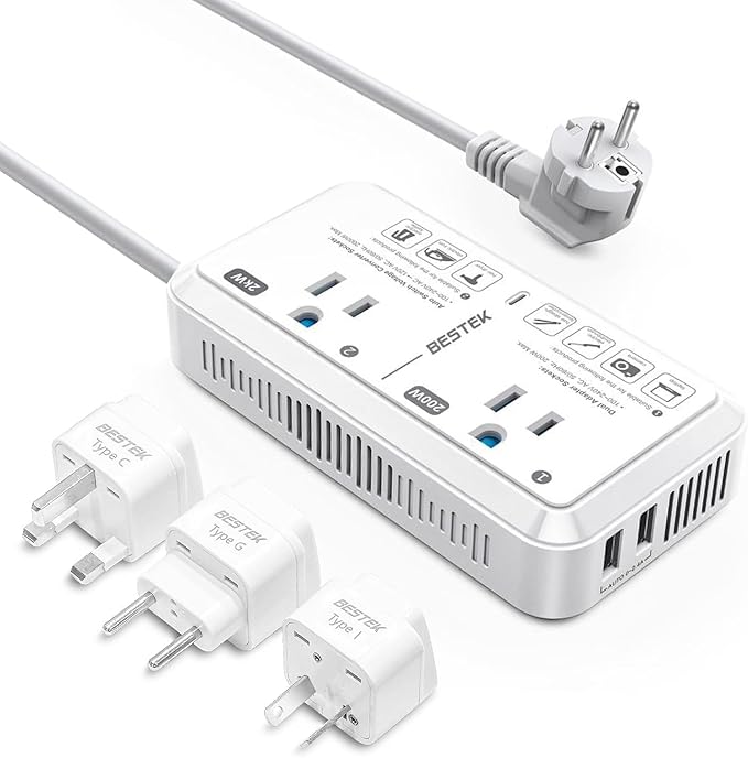 BESTEK Universal Travel Adapter Voltage Converter US to Europe 2000W 220V to 110V Converter with 2 USB Ports and EU/UK/AUS Plug Adapter for Hair Dryer/Curling Iron