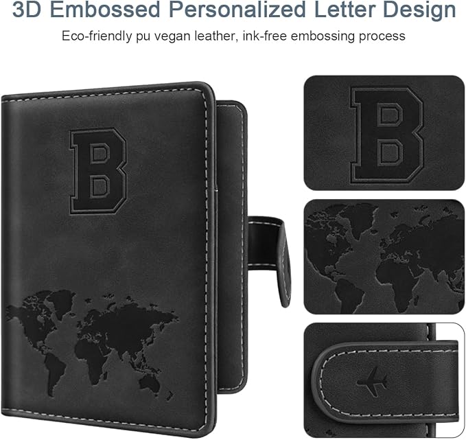 Passport Holder Wallet Cover Personalized Letter A-Z Travel Wallet RFID Blocking Passport Cover Wallet Case for Travel Passport Book Holders for Women and Men, Black-B