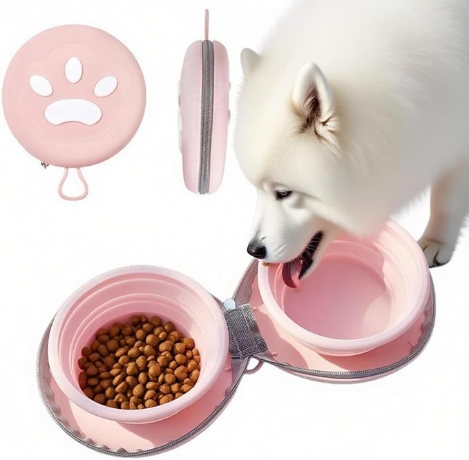 Bear Paw Foldable Pet Bowl, Dual Bowl Design for Food and Water,6.1in，Pink,Orange and Beige (Pink)