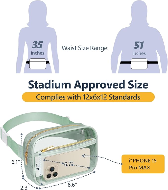 Packism Clear Fanny Pack for Women Stadium Approved - Quilted Clear Belt Bag, Adjustable Strap Fits 35-51 Inches, Transparent Waist Bag for Sports Concerts Festivals, Soft Green