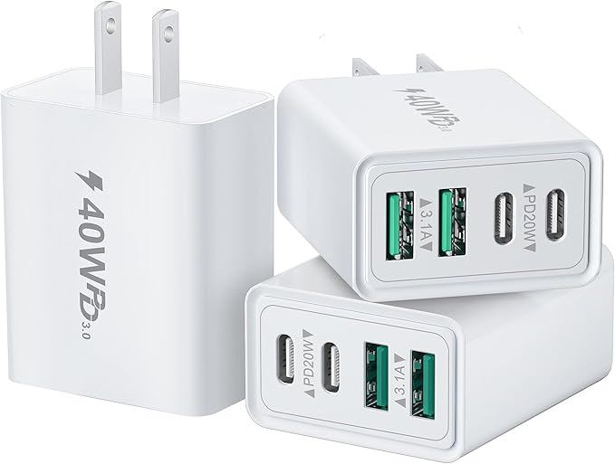 [3 Pack] USB C Charger Block, 40W 4-Port Type C Fast Charging Blocks Dual Port PD Power Adapter + QC USB Wall Charger Plug Multiport Cube USBC Brick for iPhone 17 16 15 14 13 12 11 Pro Max, Samsung