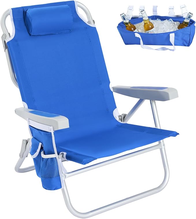 SUNNYFEEL Low Beach Chair, 5-Position Lay Flat Reclining, Backpack Portable Folding Chair with Cooler Bag & Cup Holder, Heavy Duty 350 LBS, Compact for Beach, Camping, Travel (New Blue)