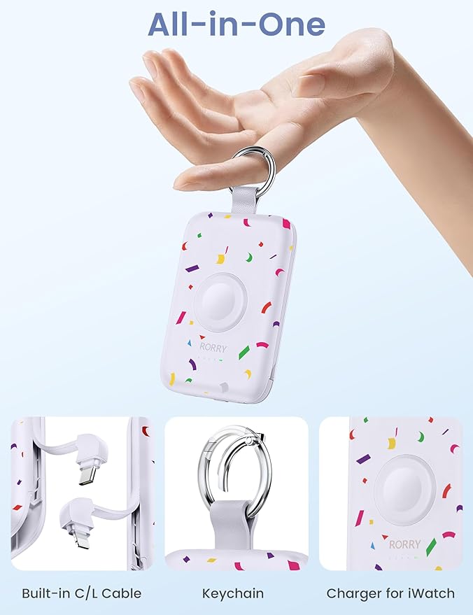 RORRY CharmGo Portable Charger, 10000mAh 20W Fast Charging Portable Charger Power Bank with Built in Cables, Travel Battery Pack for iPhone 17/16/15/14/13/12 and Apple Watch, Confetti-Purple