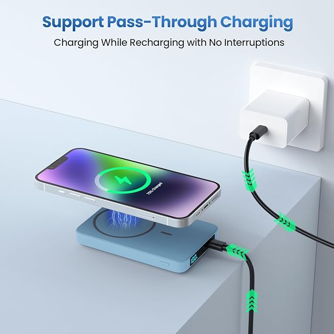 Magnetic Portable Charger Power Bank 5500mAh,Slim Wireless Portable Charger with LCD Display,PD Fast Charging USB-C Battery Pack Compatible with Magsafe,iPhone 16/16 Plus/15/14/13/12 (Light Blue)