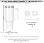 4 Pack 40 Oz Tumbler with Handle Bulk, Double Wall Vacuum Insulated Stainless Steel Tumbler with Lid and Straw, 40 oz cup with Silicone Spill Proof Stopper Set (White)