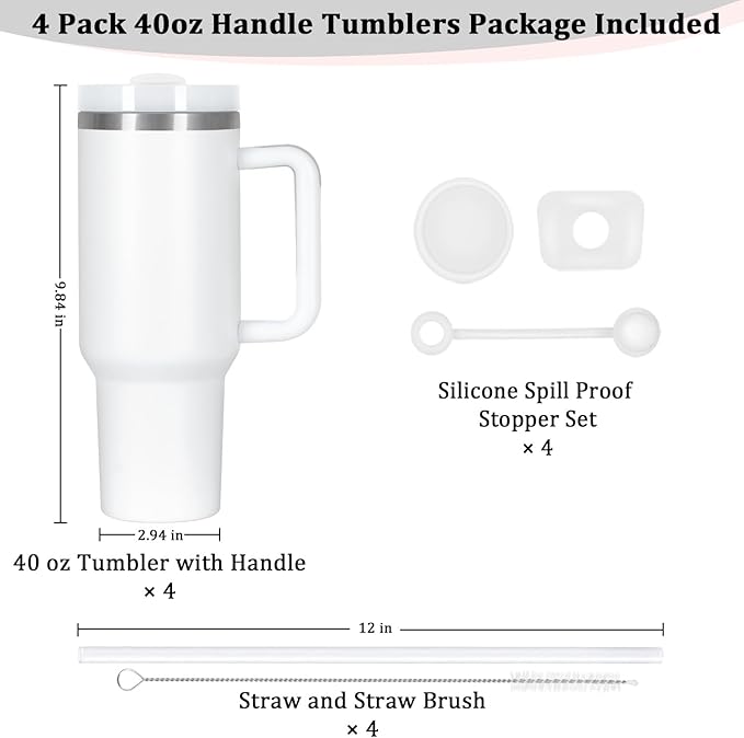4 Pack 40 Oz Tumbler with Handle Bulk, Double Wall Vacuum Insulated Stainless Steel Tumbler with Lid and Straw, 40 oz cup with Silicone Spill Proof Stopper Set (White)