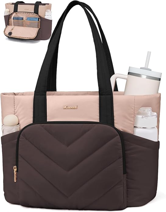 LOVEVOOK Puffer Tote Bag for Women, V-Quilted Puffy Teacher Tote Nurse Bag, Large Shoulder Laptop Purse for Work Travel Gym