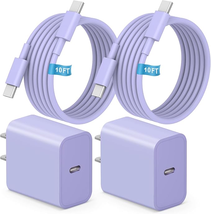 iPhone 17 16 15 Charger Fast Charging, [ETL Certified] 2 Pack 10FT USB C Charger Cable with 20W Type C Fast Charging Block for iPhone 17/17 Pro/17 Pro Max/16/16 Pro/16 Pro max/16 Plus/15（Purple）