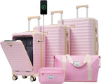 5 Piece Luggage Set w/TSA Locks & USB Port, Front Opening Hard Shell Luggage Sets, Expandable Suitcase Set with Wheels and Cup Holder(20"/24"/28") (Pink)