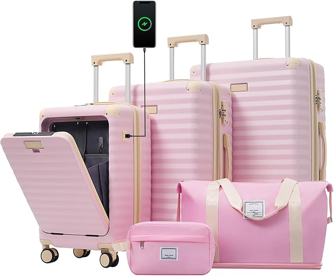 5 Piece Luggage Set w/TSA Locks & USB Port, Front Opening Hard Shell Luggage Sets, Expandable Suitcase Set with Wheels and Cup Holder(20"/24"/28") (Pink)