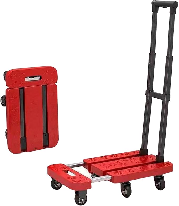 Red Extendable Folding Flatbed Cart Mobile Hand Truck with Adjustable Platform Smooth Rolling WheelsPortable Utility Cart for Home Office and Garden