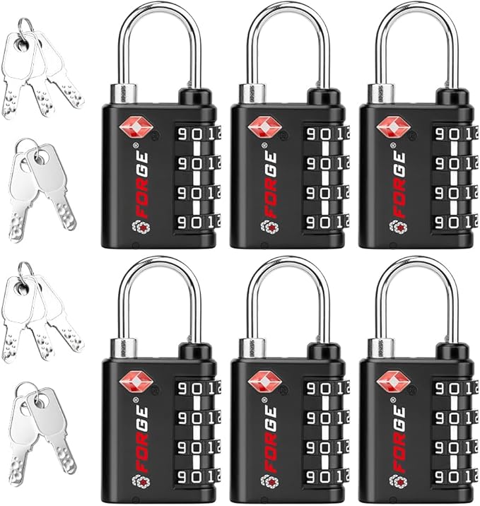 Forge Dual-Opening: Key or Combination Lock, TSA Approved Lock for Luggage, Pelican case, Travel, Gym, School, Luggage Combination Lock, Travel Bag Lock (Black 6 Pk)