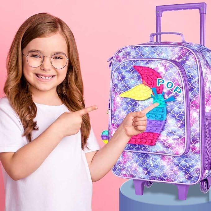 Kids Suitcases for Girls, Cute Mermaid luggage Rolling with Wheels, kids carry on luggage for Children Toddler Elementary - Purple
