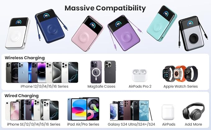 Magnetic Portable Charger 10800mAh with Built-in Cables, 15W Wireless Power Bank for Magsafe,30W PD Fast Charging USB-C Travel Essential Battery Pack for iPhone 17/16/15/14/13/12 Series