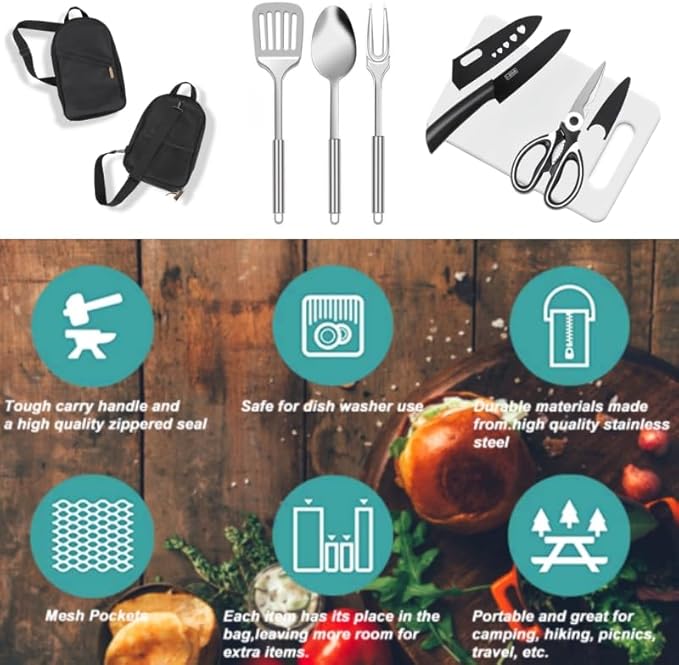 12-Piece Camping Kitchen Utensil Set – Portable Outdoor Cooking Utensils for Camping, RV, Backpacking & BBQ | Complete Camp Kitchen Gear Set with Carry Bag, Grilling Tools & Cooking Accessories