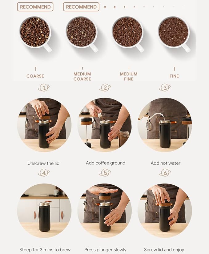 Sesama Classic Portable French Press Coffee Mug 12 oz with Carry Loop, Stainless Steel French Press Coffee Maker, BPA Great for Camping and Travel