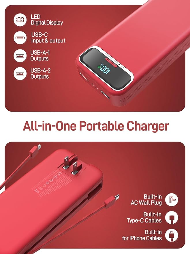 Portable Charger, 20000mAh 22.5W Fast Charging Power Bank with Built-in Cables & Wall Plug, Travel Essential External Battery Pack with LED Display, USB C Battery Phone Charger for iPhone Samsung Red