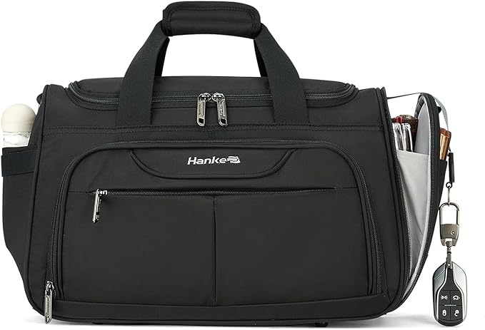 Hanke Small Travel Duffel Bag, Under Seat Carry On Personal Item Bag with 11 Pockets, Lightweight Water Resistant Foldable Weekender Bag with Trolley Sleeve for Travel Gym Daily Use（Black）
