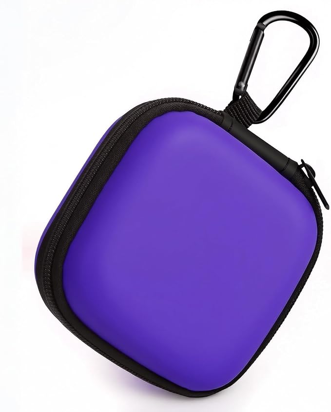 Square Earbud Case with Carabiner, Portable Small Carrying Pouch for Wired/Wireless Earphones, EVA Travel Organizer Box for Charging Cables, USB Flash Drives, SD Cards, Purple