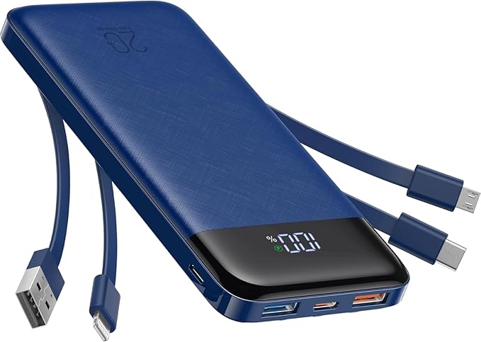 charmast 20000mAh Portable Charger with Built in Cables, 22.5W Travel Power Bank Fast Charging, USB C Cell Phone Battery Pack for iPhone 16/15/14/13/12/11 Series, iPad, Samsung, Android, Tablet