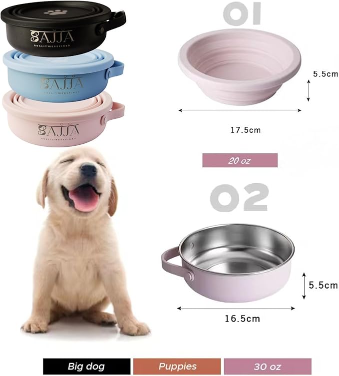 Black Slow Feeder Travel Dog Bowl Set | 30oz Stainless Steel + 20oz Collapsible Silicone Dish | Water Bottle Holder| Non-Slip, Anti-Choking, BPA-Free | We Give Back