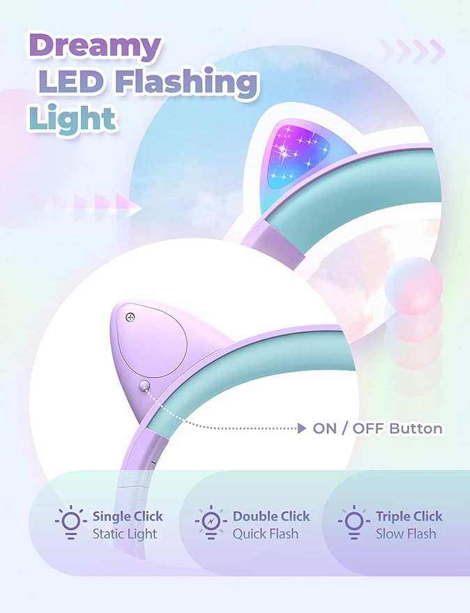 iClever Cat Ear Led Light Up Kids Headphones with Microphone, HS20 Wired Headphones -Shareport- 94dB Volume Limited, Foldable Over-Ear Headphones for Kids/School/iPad/Tablet/Travel (Medium, Purple)