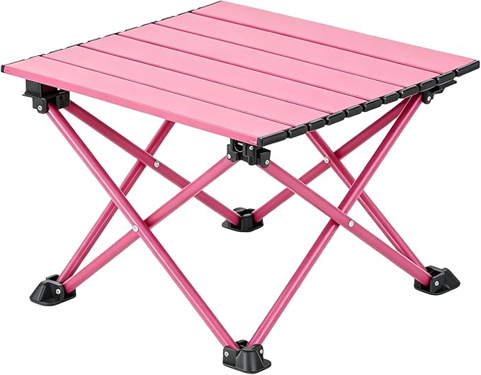 Wind Tour Roll-Up Camping Table, 4-Person Lightweight Aluminum Portable Outdoor Table with Carry Bag for Picnics BBQ Travel (15.7”x13.7”x11” | Pink)