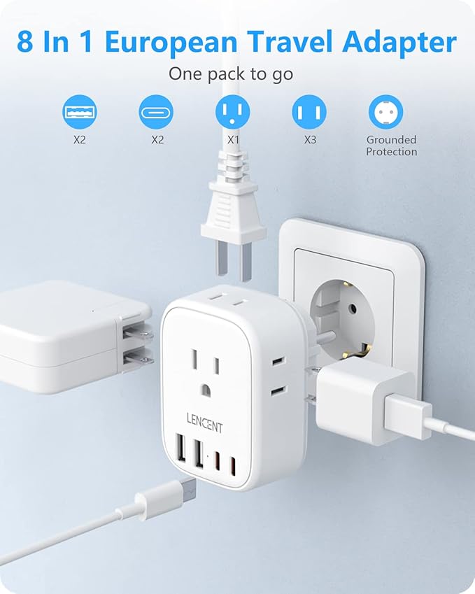 LENCENT 2 Pack Germany France Travel Power Adapter, Schuko Type E/F Power Plug Adaptor with 4 USB Ports(2 Type C), 4 Outlet Converter, US to EU Spain French German Greece Norway Iceland South Korea