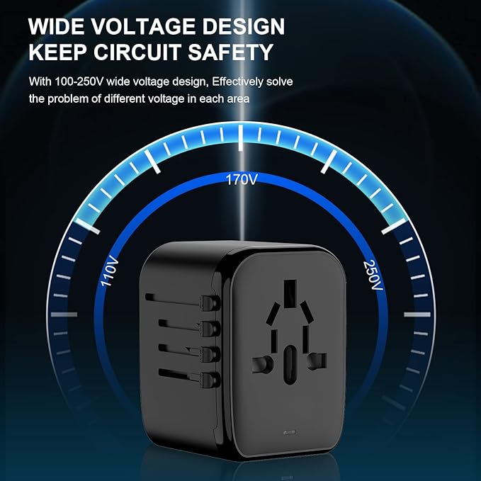 Universal Travel Adapter, VYLEE 5 in 1 International Power Adapter, 3.5A 2xUSB-A and 2xUSB C Wall Charger, Worldwide Travel Essentials Plug for Europe USA UK AUS Asia (Black)