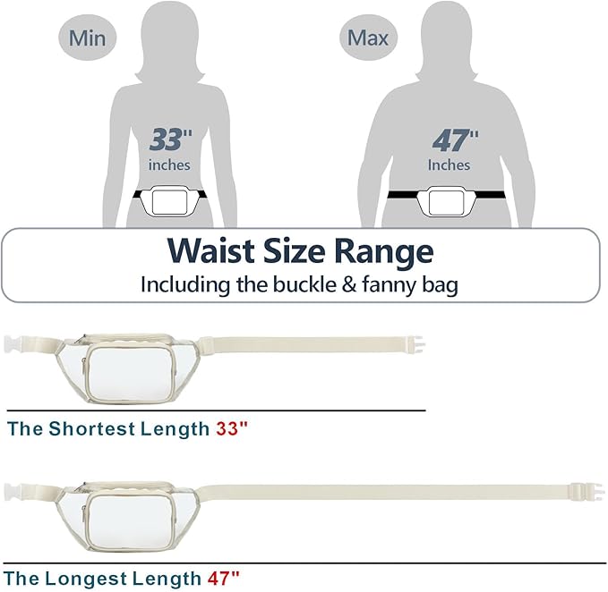 Veckle Clear Fanny Pack Stadium Approved - Adjustable 33-47 Inch Strap, Transparent Belt Bag for Women Men Fits 7.5-inch Smartphone, Waist Bag Clear Bag for Sport Events, Concerts, Cream White