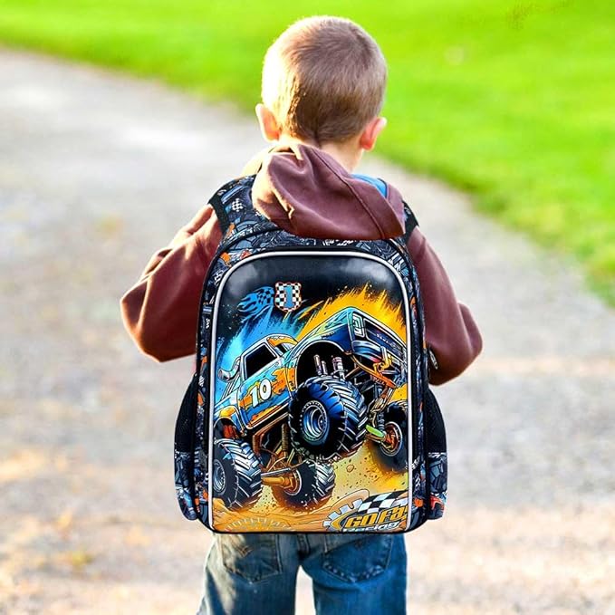 5Pcs Kids Suitcase for Boys, 18" Truck Toddler Carry on Luggage with Wheels, Cool Travel Rolling Set(Black)