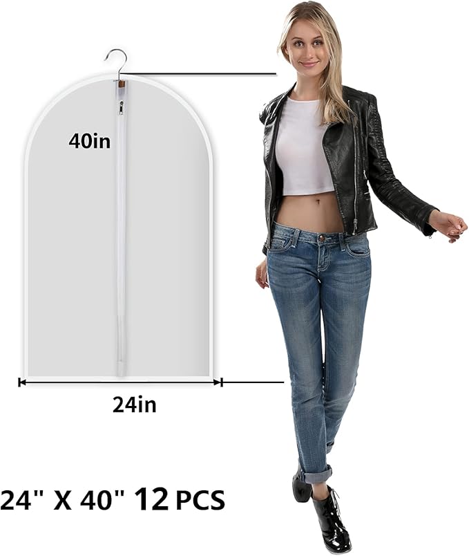 MsKitchen Garment Bags 12 Pack, 24 x 40 Hanging Clothes Storage Bags, Translucent PEVA Garment Covers with Full Zipper for Suits and Dresses