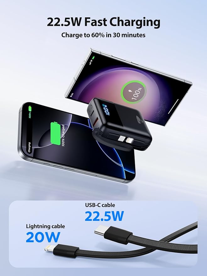 Portable Charger 10000mAh Power Bank Fast Charging, 22.5W USB C Battery Pack with Built-in Cables, Small Portable Charger Travel Essentials Power Bank for iPhone 17 16 15 14, Samsung, iPad, Android