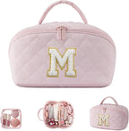 LOVEVOOK Travel Makeup Bag for Women, 2Pcs Puffer Waterproof Cosmetic Organizer, Large Capacity Pouch Open Flat Small Toiletry Bag with Brush Compartment & Handle (Pink-M, Medium)