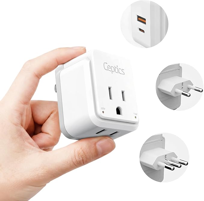 Ceptics Chile, Rome, Italy Travel Plug Adapter Set, Chile plug adapter USB-USB-C 20W PD-QC 18W, 2 Outlet, US to Italy plug adapter for Lybia, Uruguay Includes Type C, L SWadAPt Attachments - PAK-IT