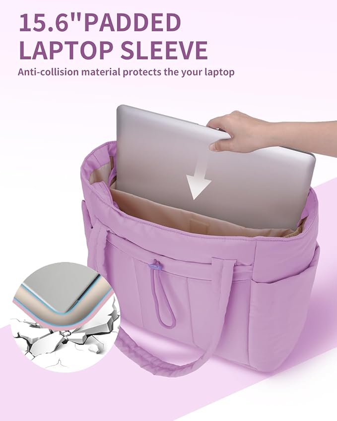 Wandering Nature Puffer Tote Bag with Cup Holder & Laptop Compartment & Trolley Sleeve for Travel, Work, Nurse, Women