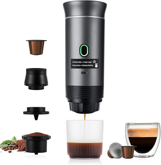 3 In 1 Portable Coffee Maker for Travel, 20 Bar Portable Espresso Machine with USB,Travel Coffee Maker Self-Heating, Compatible with Ground Coffee & Capsule for Hiking,Office,RV（Upgrade）